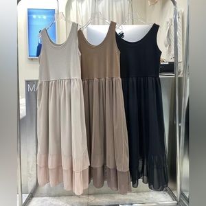 New chic sleeveless midi mesh dress. Soft cotton top,two-layer mesh/chiffon.